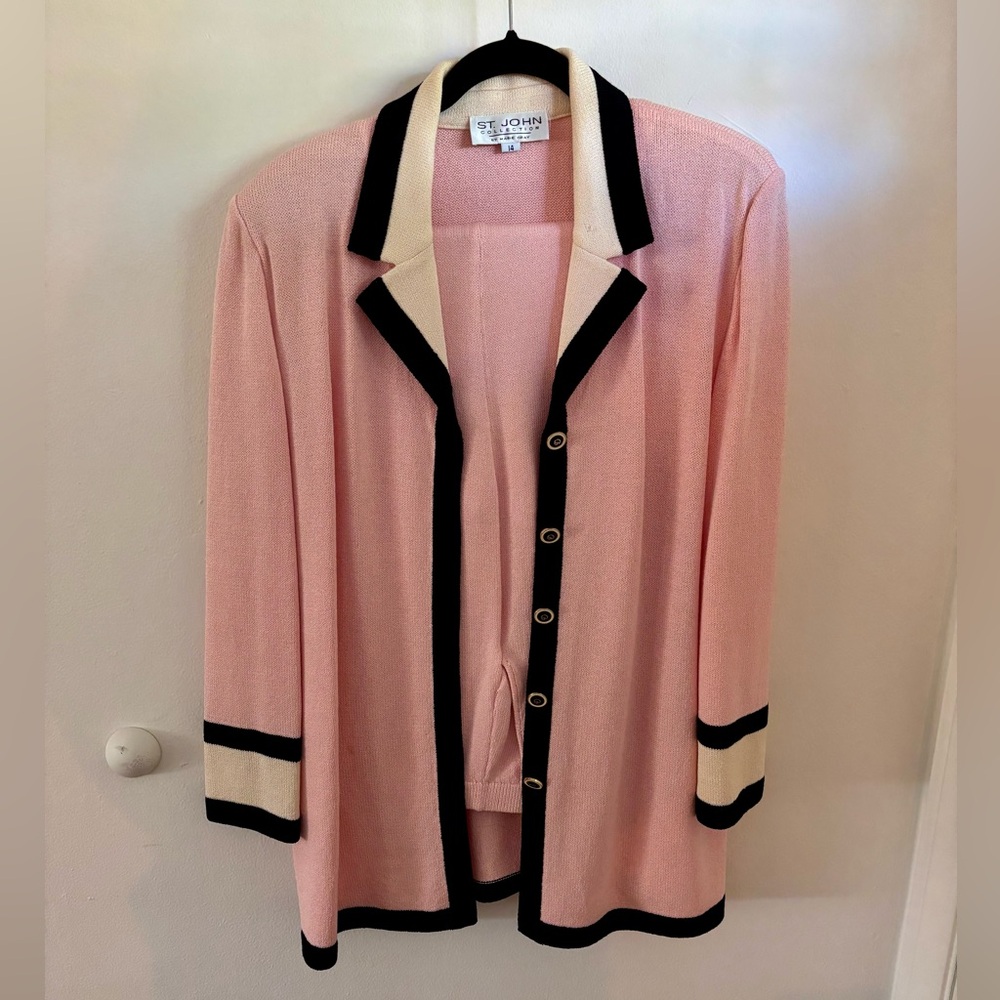 St. John Pink and Black Cardigan Pant Suit